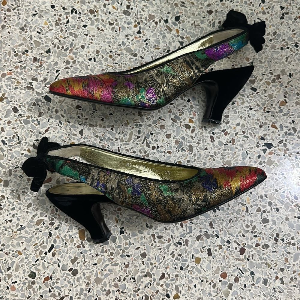Escada vintage velvet bow back slingback heels pink purple multi 7.5 AA